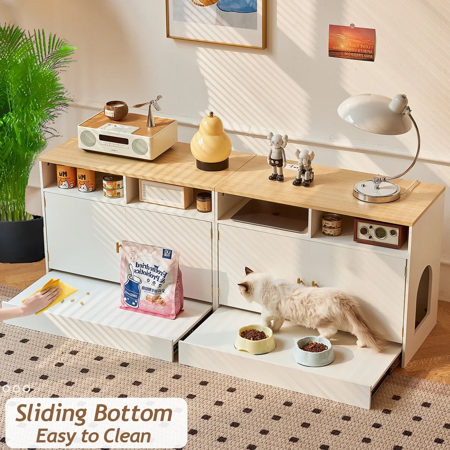 JanflyHome Cat Litter Box Enclosure, TV Stand for 55-75 inch TV, Power Outlet, Pan Litter Box, White