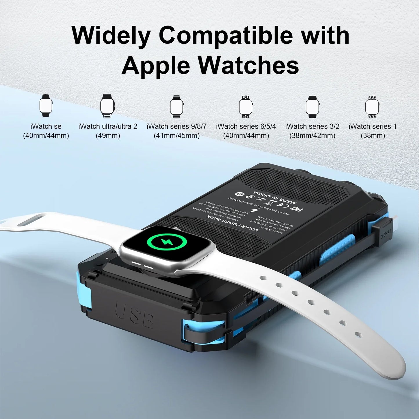 Yelomin 49800mAh Solar Power Bank Portable Charger with Wireless Charger for Apple Watch,iPhone,Fast Charging Travel Battery Pack with Camping Flashlight,Compatible with All Mobile Phones(Blue)