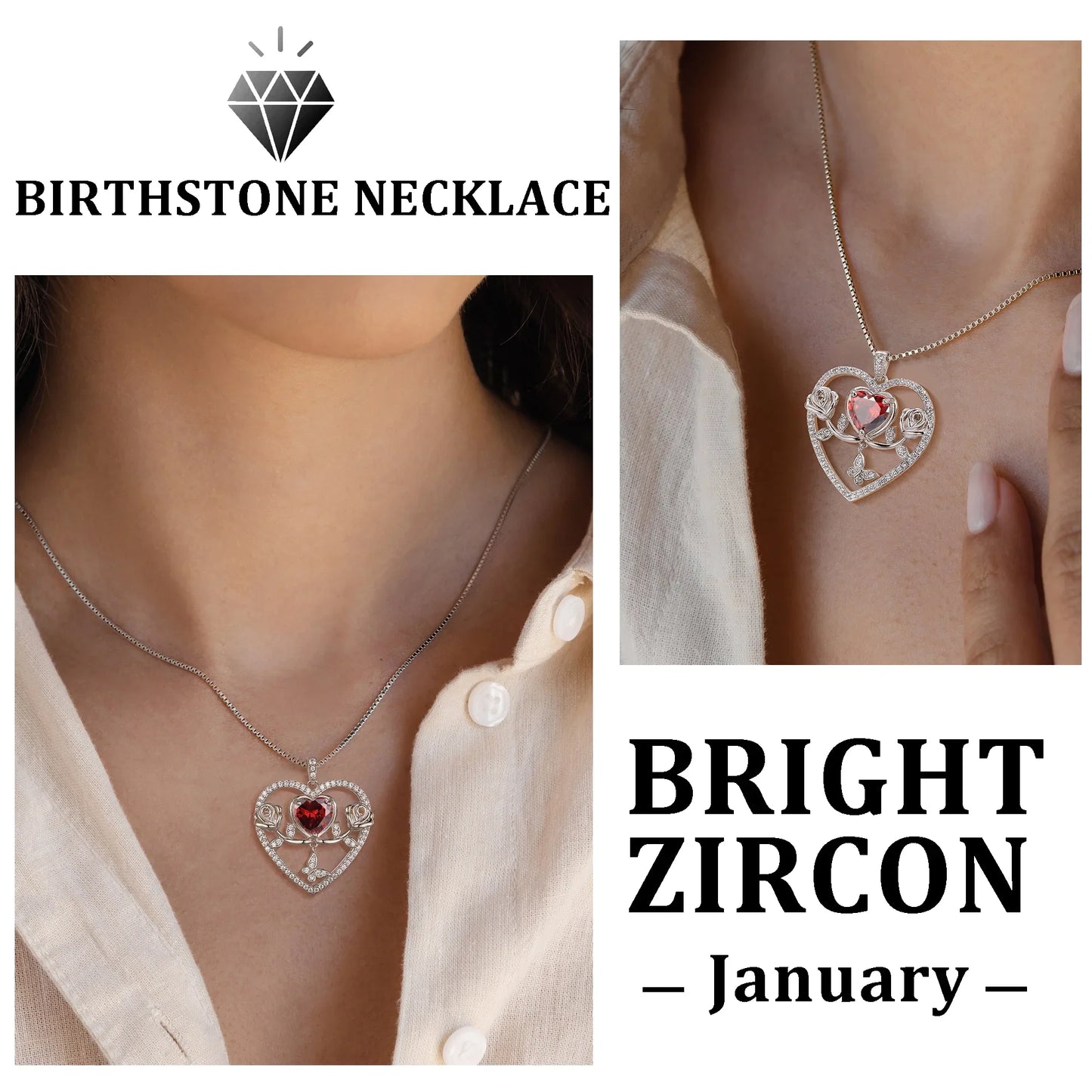 Beautlace 925 Sterling Silver Rose Heart Necklace,Butterfly Flower Pendant Necklace Jewelry Birthday Christmas Valentines Mother's Day Gifts for Women Mom Wife -January