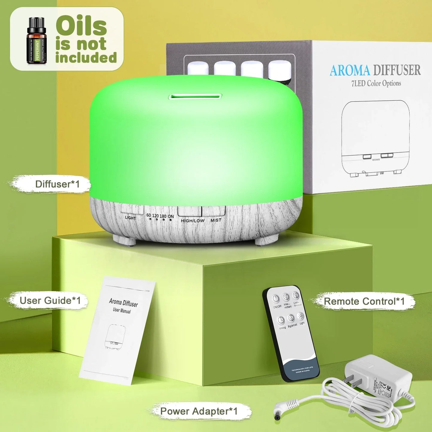 Fimilo 500ml Essential Oil Diffuser with 6*10ml Essential Oils Set, Upgraded White Wood Color Base Flower Aromatherapy Diffusers with Remote Control, Aroma Diffuser for Home Office