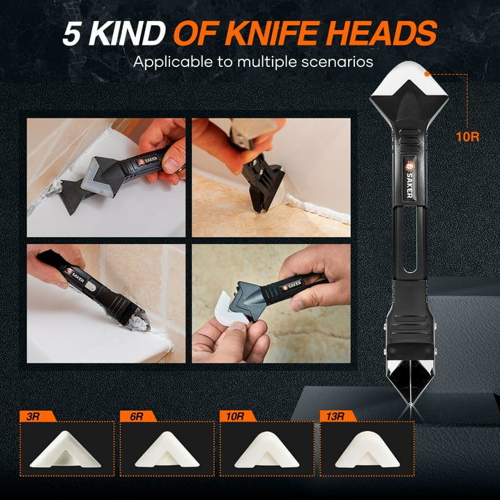 Saker 3 in 1 Silicone Caulking Tool, 5 Replaceable Silicone Pads, For Bathroom, Kitchen, Floor, Window, Sink Joints (Black)