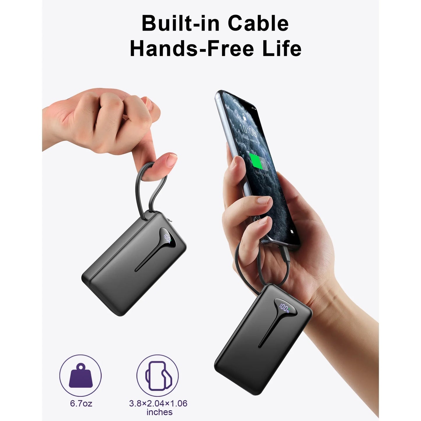 Portable Charger 10000mAh, Power Bank LED Display with 22.5W Fast Charging Battery Pack USB-C In&Out with Built in Cable Battery Bank, Powerbank for iPhone/Android/Samsung Laptop,Travel Essentials