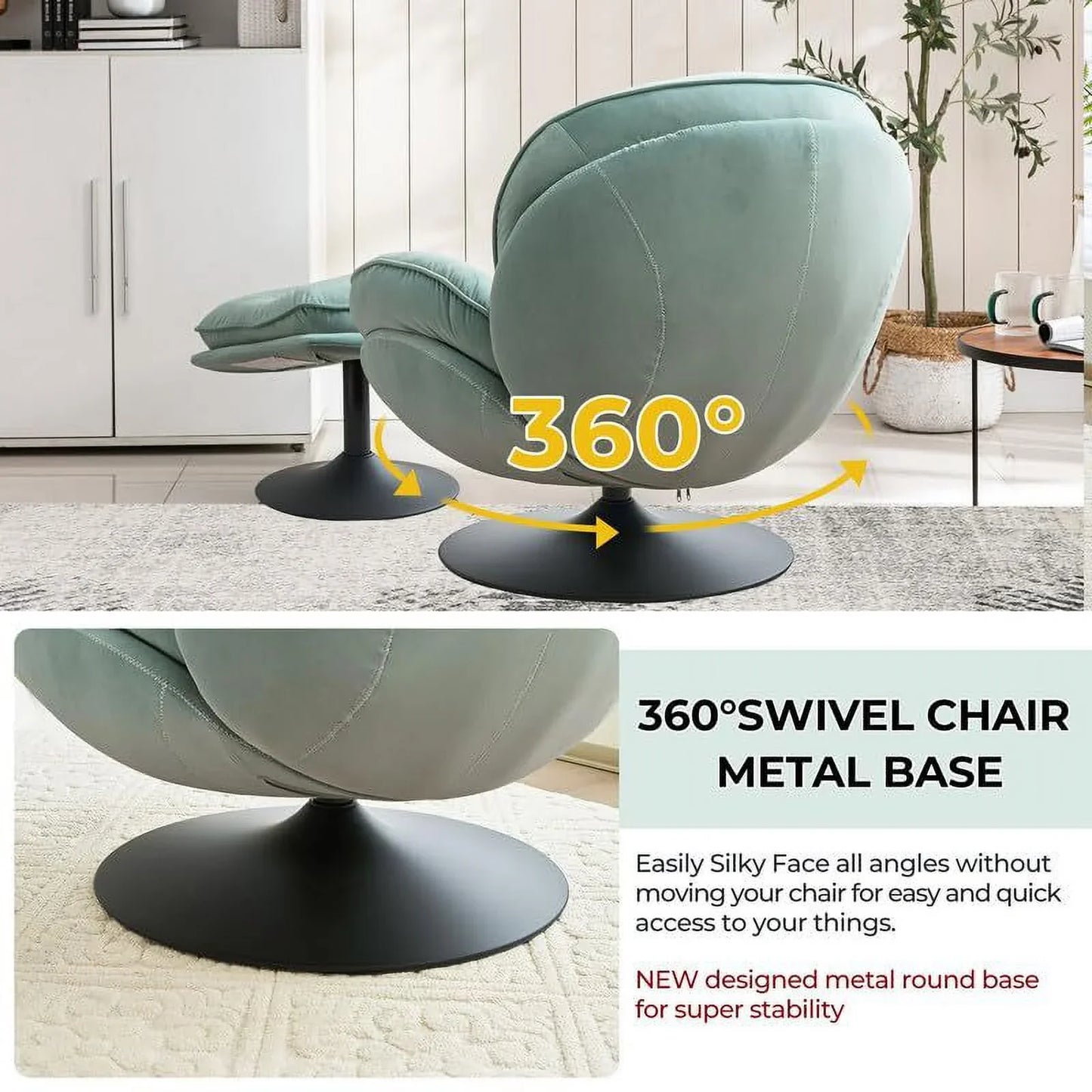 Othniel Teal Velvet Swivel Accent Chair with Ottoman, Round Reading Chair Foot Stool Set, for Living Room, Bedroom