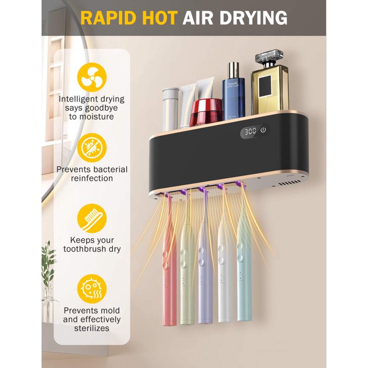 Sentryse Toothbrush Holders, UV Toothbrush Sanitizer and Holder, 5 Cups Electric Tooth Brush Holder Wall Mounted, Black