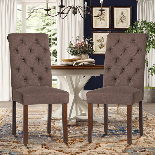COLAMY Tufted Fabric High Back Dining Chair, Rolled Back Kitchen Chair, Set of 2, Brown