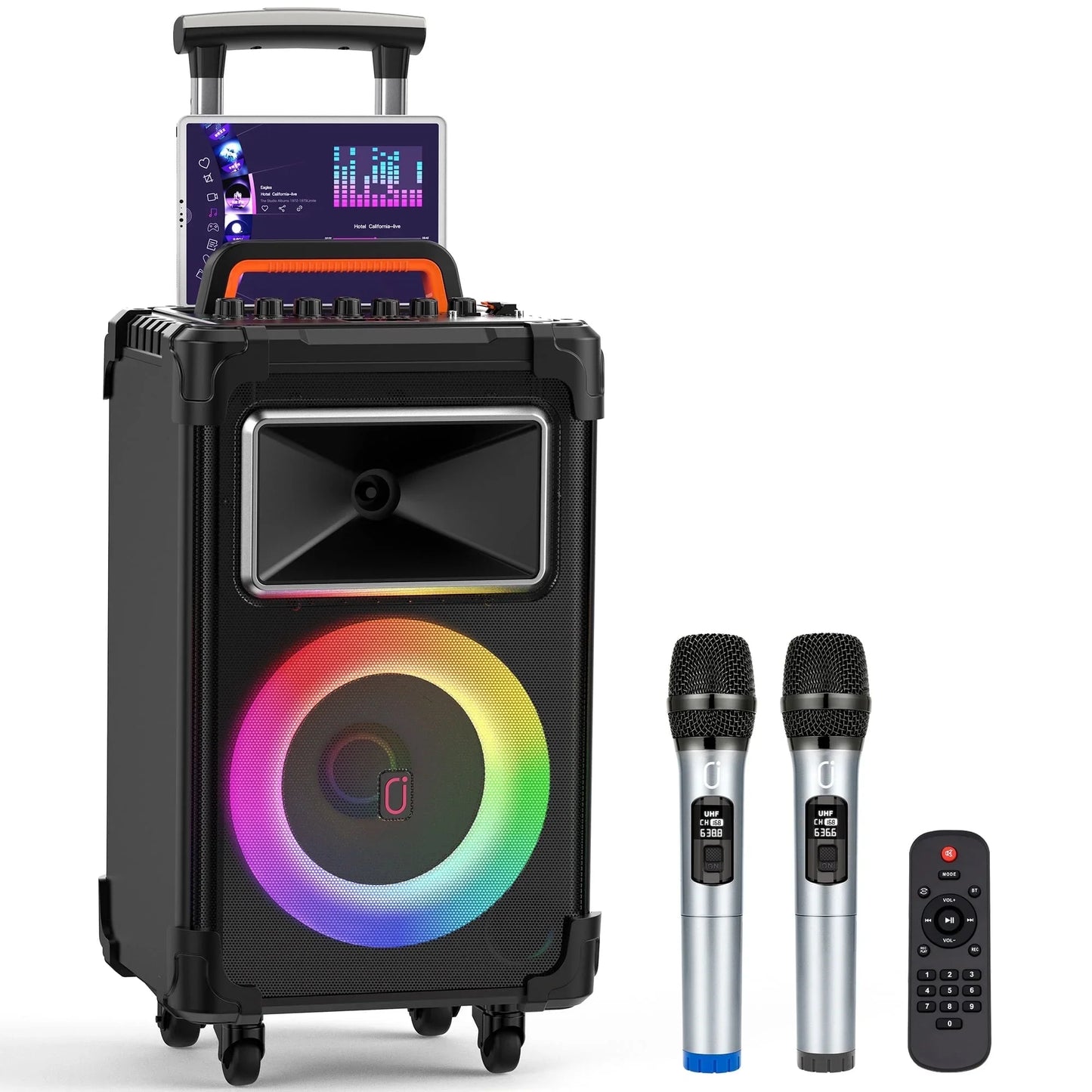 FanFun Large Party Speaker, 25.20" Big Bluetooth Speaker with Rolling Wheels & Trolley, 800W Peak Power, Portable Wireless Outdoor Speaker PA System with DJ Lights & Mics, Powerful Bass