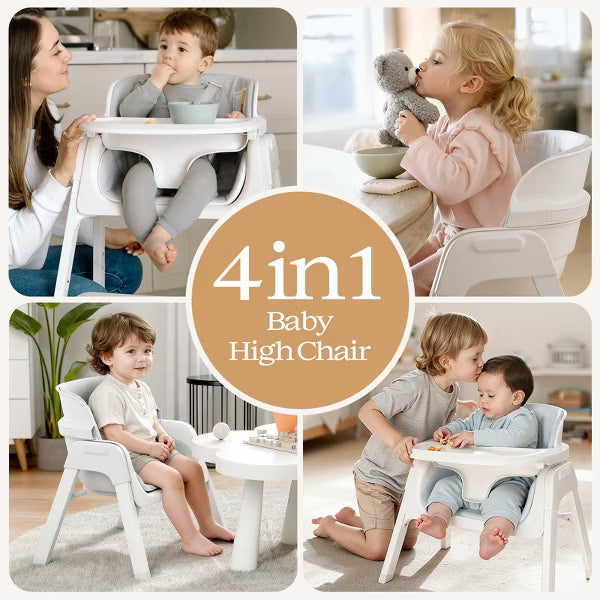 AmourLil 4-in-1 Convertible High Chair for Babies & Toddlers, Adjustable Height with Dishwasher-Safe Tray, Easy-Clean Design, Beige (White)