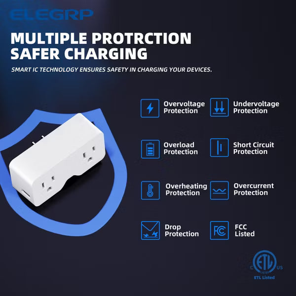ELEGRP USB Wall Outlet Extender With dual USB A Ports (4.2A in Total),2 Prong to 3 Prong Grounding Adapter Plug, 125V, White 1PC