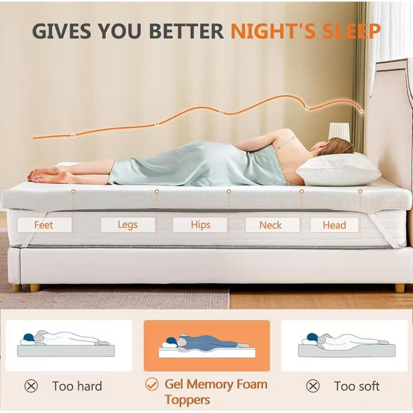 Queen Size Cooling Mattress Topper – 3 Inch Gel Memory Foam for Pain Relief & Temperature Control, Breathable & Hypoallergenic with Washable Cover
