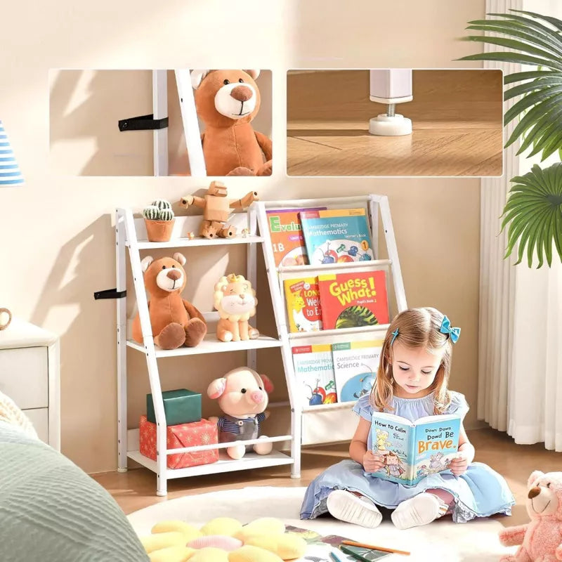 Unikito Kids Bookshelf, Book Shelf for Kids Rooms, 3 Tier Sling Bookcase Baby Toy Organizer Toddler Nursery Book Shelves, White, 32.7"x 11.8" x 28.9"