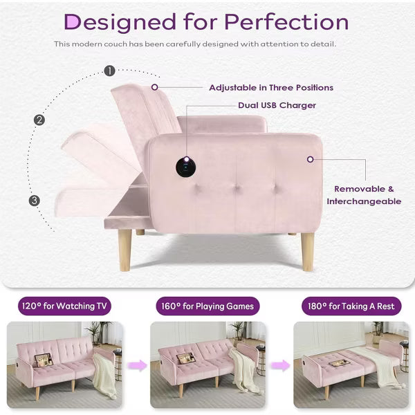 TYBOATLE 65 inch Convertible Velvet Futon Sofa Bed, Modern Upholstered Couch with USB, Folding Loveseat for Small Space, Apartment, Office