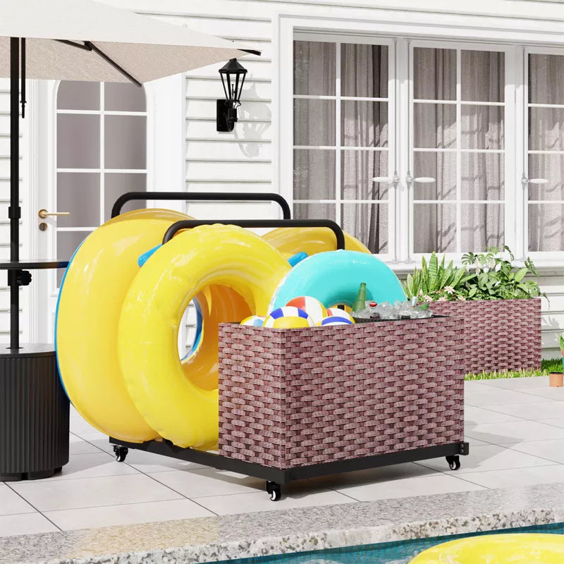 Maggift Wheelbarrows, Pool Cart with Wheels, Storage and Towel Rack, Storage Deck Box for Outdoor Patio Float,for patio, Brown, 31.5"*39.4"*37.6"