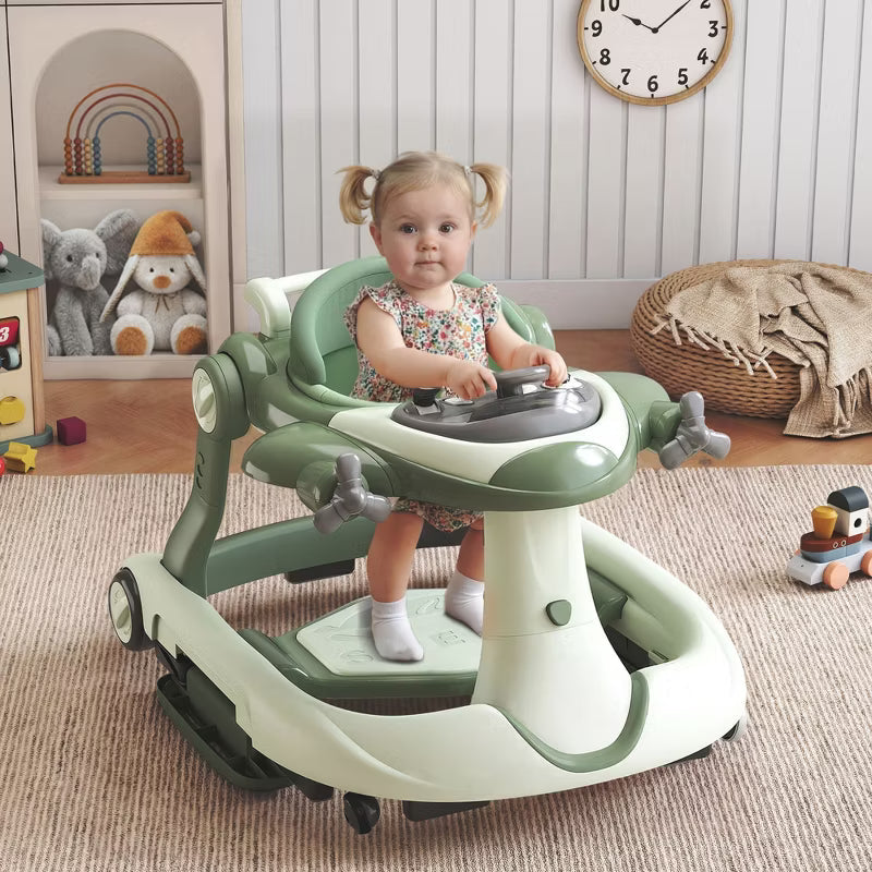 Kinder King 5-in-1 Baby Activity Walker, Convertible Push & Sit-in Walker with Adjustable Height, Foldable, Stable Design, Green