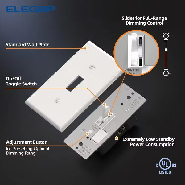 ELEGRP Slide Toggle Dimmer Switch,Single Pole & 3-Way Toggle LED Dimmer Light Switch, Wall Plate Included, UL Listed, Ivory 2PC
