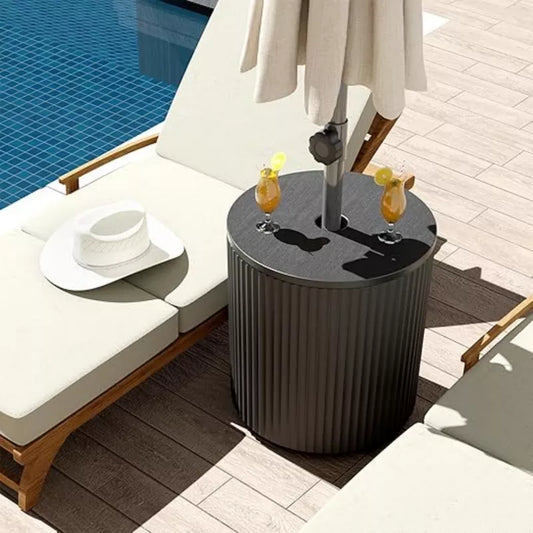 BENCMATE Umbrella Bases, Portable Umbrella Base Stand with Table and Storage Space, All Weather Umbrella Base for Patio, Black, 14.8"*14.8"*16.7