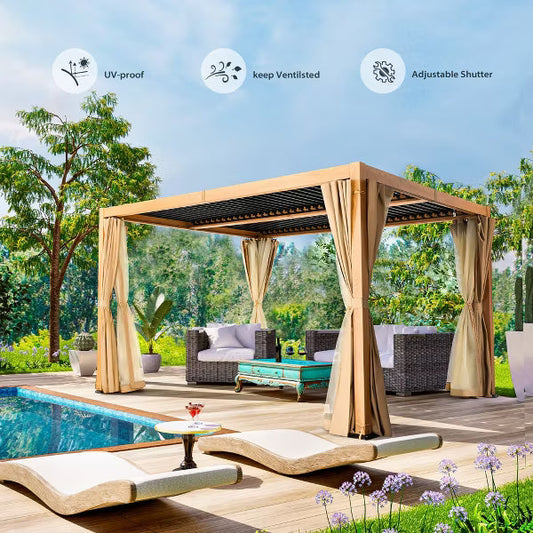 HAPPATIO Outdoor Louvered Pergola, Metal Pergola with Adjustable Rainproof Roof, Patio Pergola with Curtains and Mosquito Nets