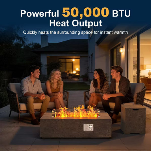 Evita 42" Gas Fire Pit Table, 50,000 BTU Propane Burner with Windshield&Rain Cover&Glass Stone, 2-in-1 Fire Pit&Table for Patio,Backyard Gatherings