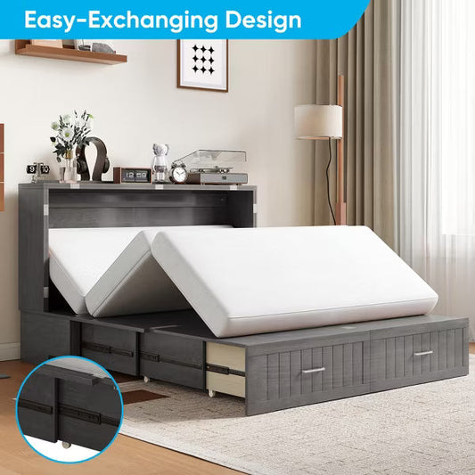 Mjkone Murphy Cabinet Bed, Queen Murphy Bed with Tri-Folding Mattress and Charging Ports, Drawer