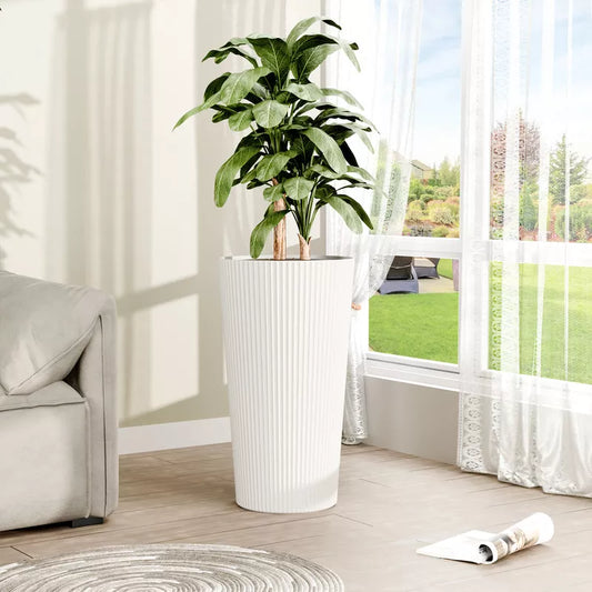 BENCMATE Tall Planters Large Round 2PCS Indoor Planter Pot, Simple Design Outdoor Garden Plastic Plant Flower Pot Cone Striped, White 13"*13"*23.6"