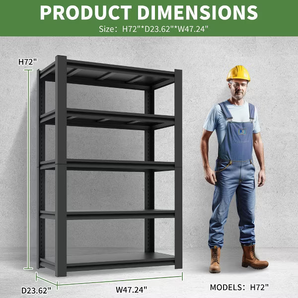 Munora 72"H Heavy Duty 5 Tier Storage Shelves - 3000Lbs Capacity, Adjustable, Suitable for Warehouse, Basement, Workshop, 24"D x 48"W, Black