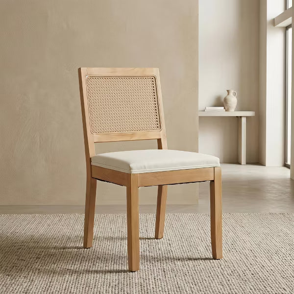 Modern Farmhouse Rattan Dining Chairs Set of 2 - Mid Century Cane Upholstered Kitchen Chairs, Natural Wood Frame