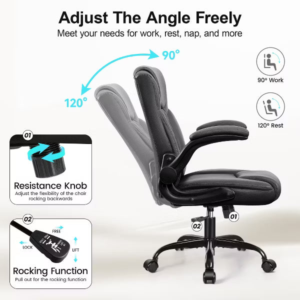 PU Leather Executive Office Chair, Ergonomic High Back Office Chair with Adjustable Height, Flip-Up Armrests Comfortable Seat for Home Office,Black