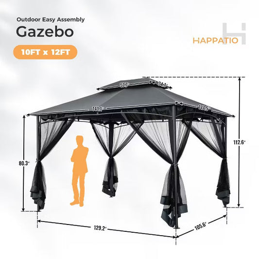 HAPPATIO Patio Soft Top Canopy Gazebo, Ventilated Double Roof & Mosquito Netting, Outdoor Gazebo with Metal Frame