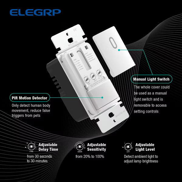 ELEGRP Senso r Light Switch, PIR Infrared Motion Activated Wall Switch No Neutral Wire, Single Pole for CFL/LED/Incandescent Bulb,UL Listed, Lvory 2P