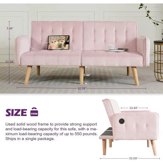 TYBOATLE 65 inch Convertible Velvet Futon Sofa Bed, Modern Upholstered Couch with USB, Folding Loveseat for Small Space, Apartment, Office