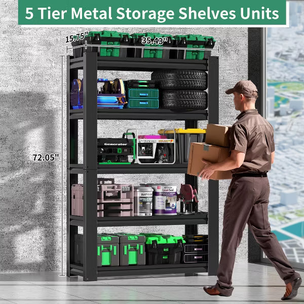 Munora - 72"H 5-Tier Heavy Duty Garage Shelving - Adjustable Storage for Warehouse/Basement - 16"D x 35"W - Black