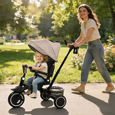 TODECARE Kids Tricycle, 7-in-1 Folding Trike with Adjustable Push Handle, Canopy & 1-Step Brake, Khaki