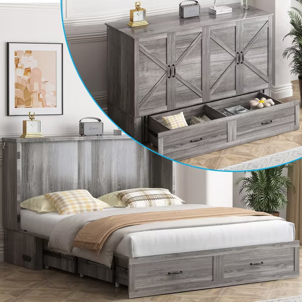 Mjkone Modern Murphy Bed Queen with USB ports & Drawers,No Mattress