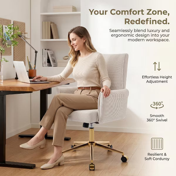 Mid-Back Swivel Office Chair, Ergonomic Striped Fabric Desk Chair with Gold Metal Base, Adjustable Height Task Chair for Home Office, Vanity & Study