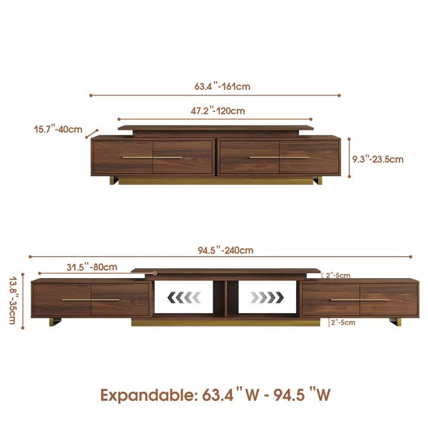 LOVSON 63.4'‘ to 94.5’' Expandable Stainless Steel Pedestal Entertainment Center, with 4 Drawers & 2 Open Shelf ,for Living Room Media Console