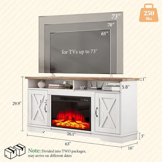 AMERLIFE 63" Farmhouse TV Stand with 26" Fireplace, for TVs up to 73" for Living Room
