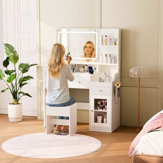 LIKEPAY Vanity Desk with Mirror, Power Outlet, Hair Dryer Bracket, Makeup Table with 2 Drawers,3 Color Modes Available for Bedroom