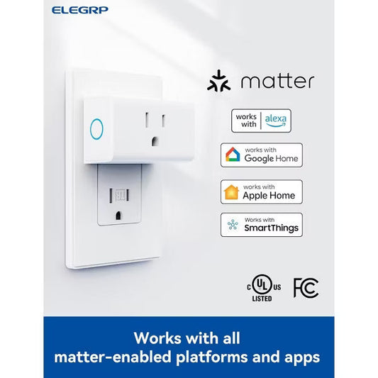 ELEGRP Matter Supported Mini Smart Plug, Smart Outlet 15A/1800W Max, Compatible with Apple Home/Siri/Alexa/Google Home/SmartThings, White 2PC