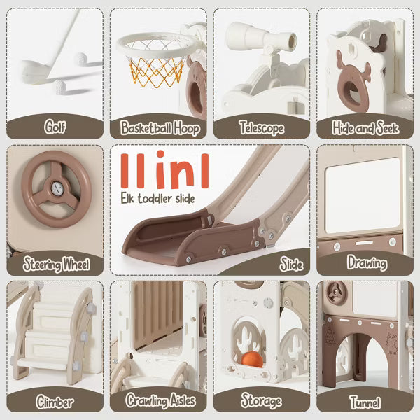 11-in-1 Toddler Slide Playset – Indoor & Outdoor Kids Slide with Basketball Hoop, Golf & Drawing Board (Beige & Rosy Brown, 54×62×39 in)