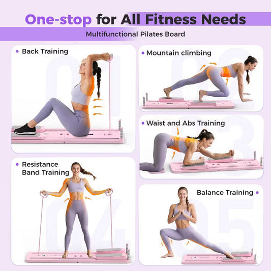 FEIERDUN 5 in 1 Folding Pilates Board, Pilates Reformer Set with 300 LBS Weight Capacity, Portable Home Pilates for Woman (Pink)
