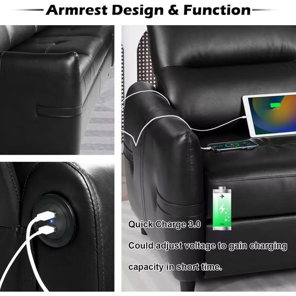 TYBOATLE 85" Faux Leather 3-Seater Sofa with USB Ports, Mid-Century Modern Couch for Living Room, Office, or Apartment – Black