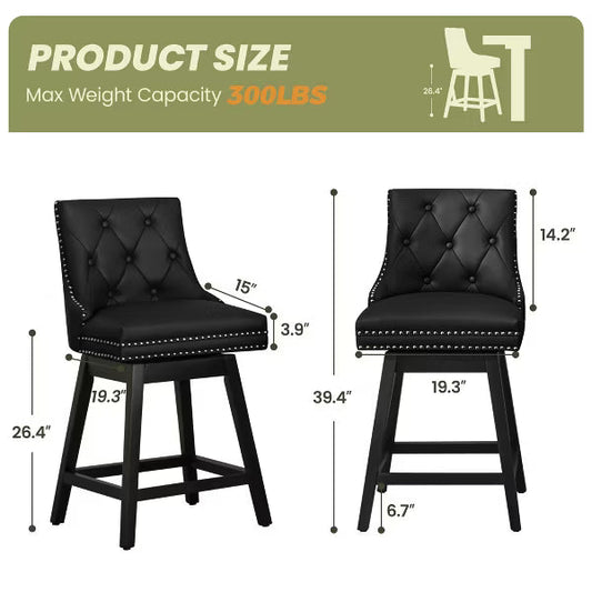 KERDOM Bar Stools with Backs, PU Leather Upholstered Counter Barstools with Solid Wood Legs for Kitchen Island, Black