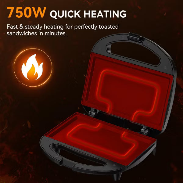 OSTBA 2-Slice Sandwich Maker with Non-Stick Plates, Grilled Cheese function, Cool-Touch Handle, Indicator Lights, 750W, Compact & Easy to Clean