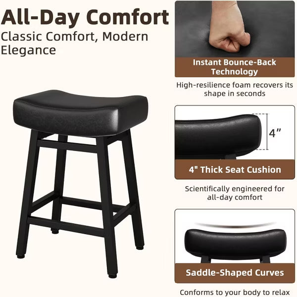 DYHOME 24 Inches Bar Stools, Saddle Kitchen Stools with PU Leather Cushion Counter Height Barstools, Set of 2