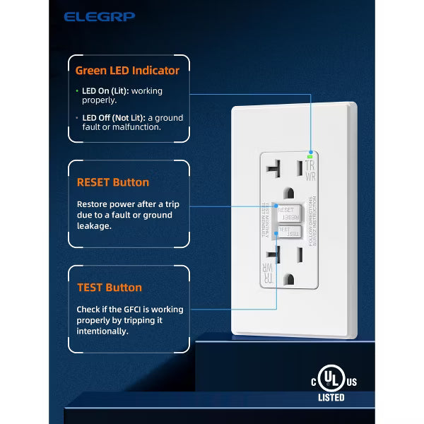 ELEGRP GFCI Outlet Self-Test, 20 Amp 125V Weather Resistant Duplex wall outlet, Wall Plate included, UL Listed, Matte White 1PC