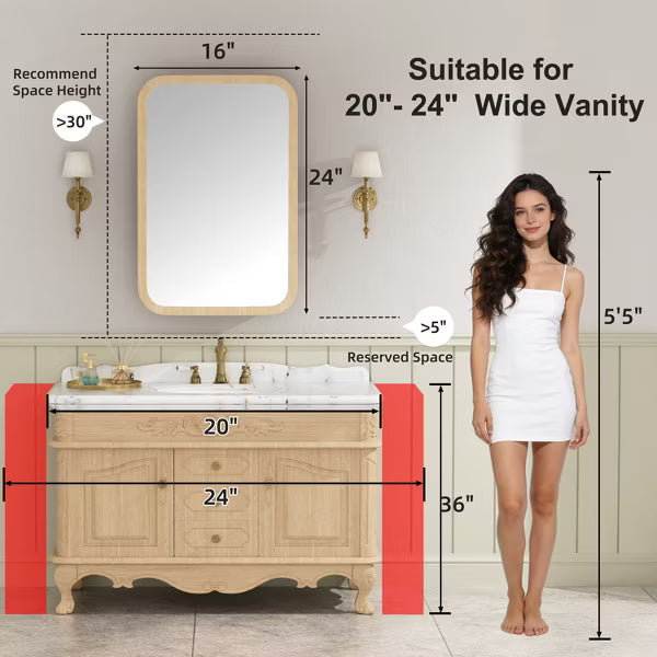 16x24"Wooden Bathroom Mirror Cabinet with Adjustable Interior Shelves and Wall Mounted Design for Convenient Storage