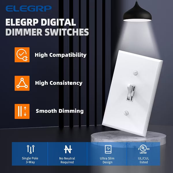 ELEGRP Digital Toggle Dimmer Switch Single Pole/3-Way for Dimmable LED, CFL and Incandescent Light Bulbs, UL Listed, 6 PC, White