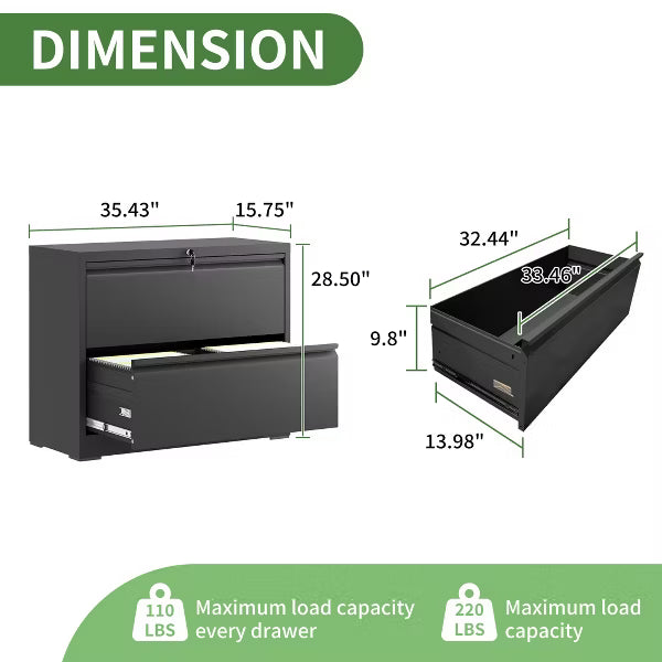 Munora - 2-Drawer Lateral File Cabinet with Lock - Wide Storage for Letter/Legal/A4 Files - Black