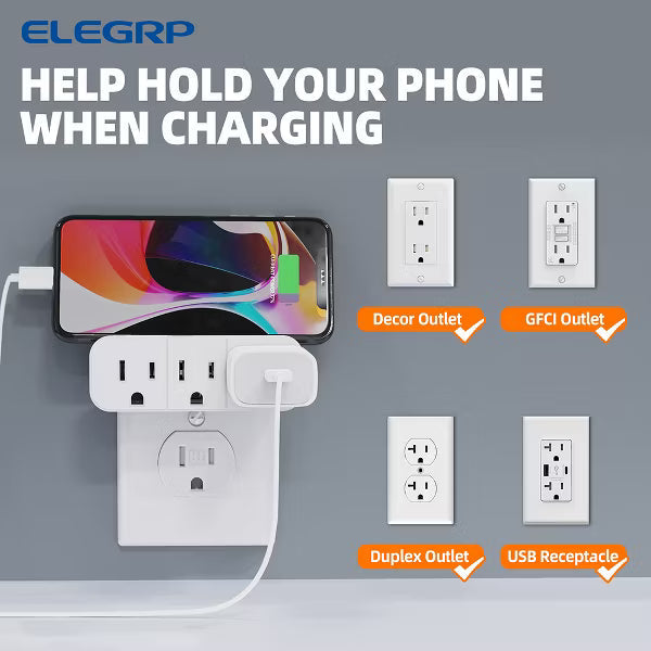 ELEGRP 2 to 3 Prong Grounded Triple Outlet Extender, 2-Prong to 3-Prong Adapter Converters for Wall Outlets, Polarized Wall Plug ETL Listed,Ivory 3PC