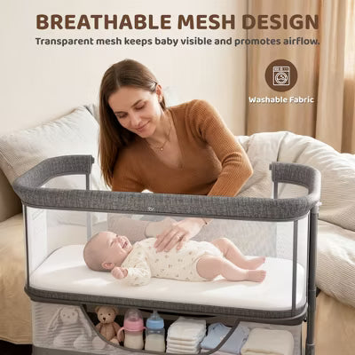 TODECARE 3-in-1 Convertible Baby Bassinet Bedside Sleeper with Adjustable Height, Wheels & Mosquito Net, Gray