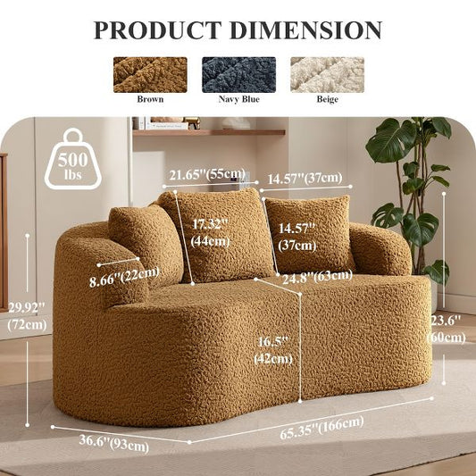 KERDOM 65.35" Curved Back Teddy Bear Fabric Sofa with Comfy Seat Cushion and 3 pillows, Suitable For Living room, Brown
